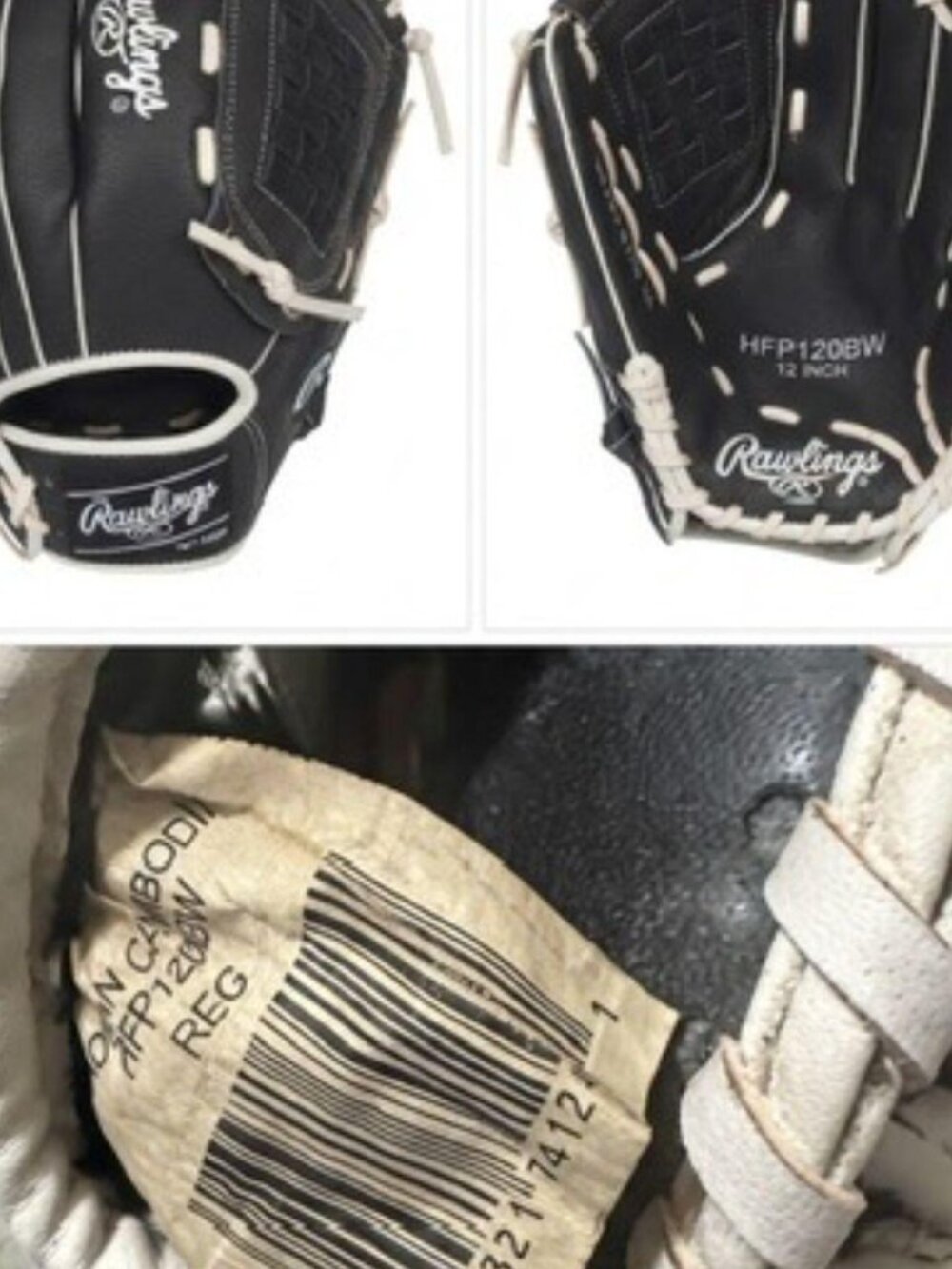 Rawlings HFP120BW 12 inch Leather Baseball Glove Black White Laces